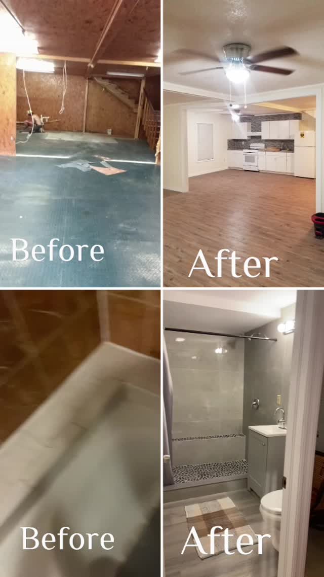 Before-and-after comparisons of an interior living area and bathroom
